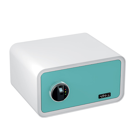 BASI mySafe 430F Fingerabdruck-Tresor, blau-weiß, geschlossen